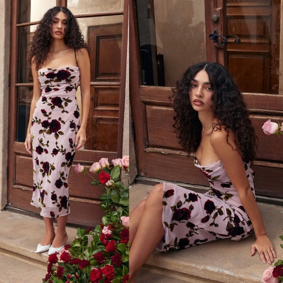 HOUSE OF CB size S A-C  'Azura' Pink Devore Midi Dress floral velvet - Picture 14 of 14